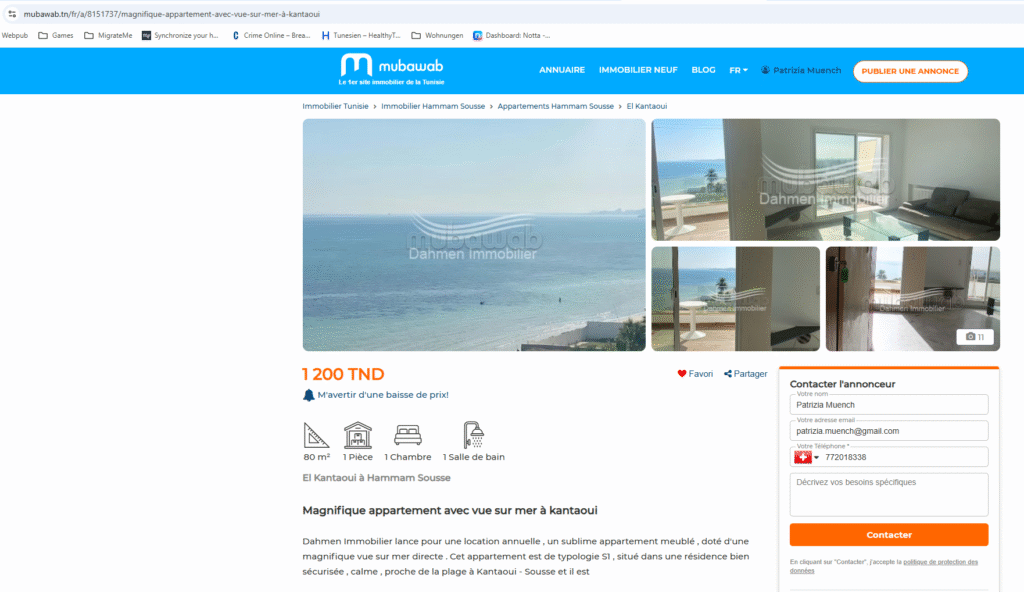 Magnifique appartement avec vue sur mer à kantaoui, Inserat für eine Wohnung zur Jahresmiete auf mubawab.tn