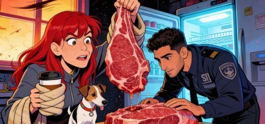 Generiere mit einfach ein Bild im karikierten Comic-Stil mit diesen Vorgaben: Format: 16:9 Stil: bunter Comic, leicht überzeichnet, expressive Mimik, starke Kontraste Ohne Text Europäische Frau mit roten langen Haaren (karikiert), expressive Augen Dramatisch erhobene Augenbrauem In der einen Hand ein grosses Stück rohes Kalbsfilet wie ein heiliges Artefakmt In der anderen Hand eine Kaffeetassem Eingewickelt in mehrere Decken. Hintergrund leicht chaotisch. Fenster, durch das Wind reinpfeift. Lunam ein Jack Russel Terrierm Speichel tropft minimal. Hund fokussiert auf das Stück Fleisch. Daneben ruhig, analytisch ein attraktiver junger tunesischer Mann. Er beugt sich professionell über das Fleisch Fast CSI-mässig. Atmosphäre Eine Mischung aus: Existenzkrise Valentinstag-Single-Vibes Stromausfall-Romantik Mediterraner Chaos-Charme Farben warm, aber mit kühlem Lichtakzent beim Kühlschrank.